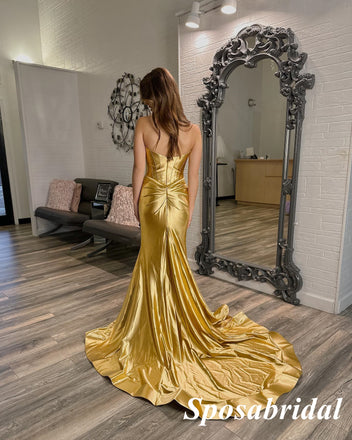 Sexy Gold Soft Satin Sweetheart V-Neck Side Slit Mermaid Long Prom Dresses, PD3783