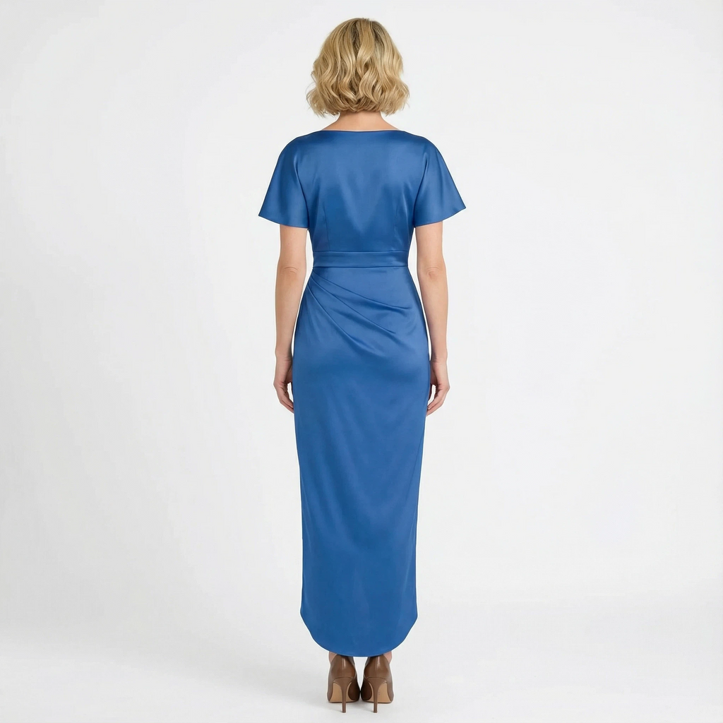 Elegant Soft Satin Short Sleeves V-Neck High-Low Sheath Mother Of The Bride Dresses, SFM010