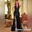 Sexy Black Soft Satin Halter V-Neck Sleeveless Side Slit Mermaid Long Prom Dresses, PD3848