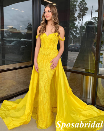 Sexy Satin Off Shoulder V-Neck Sleeveless Mermaid Long Prom Dresses With Train, PD3962