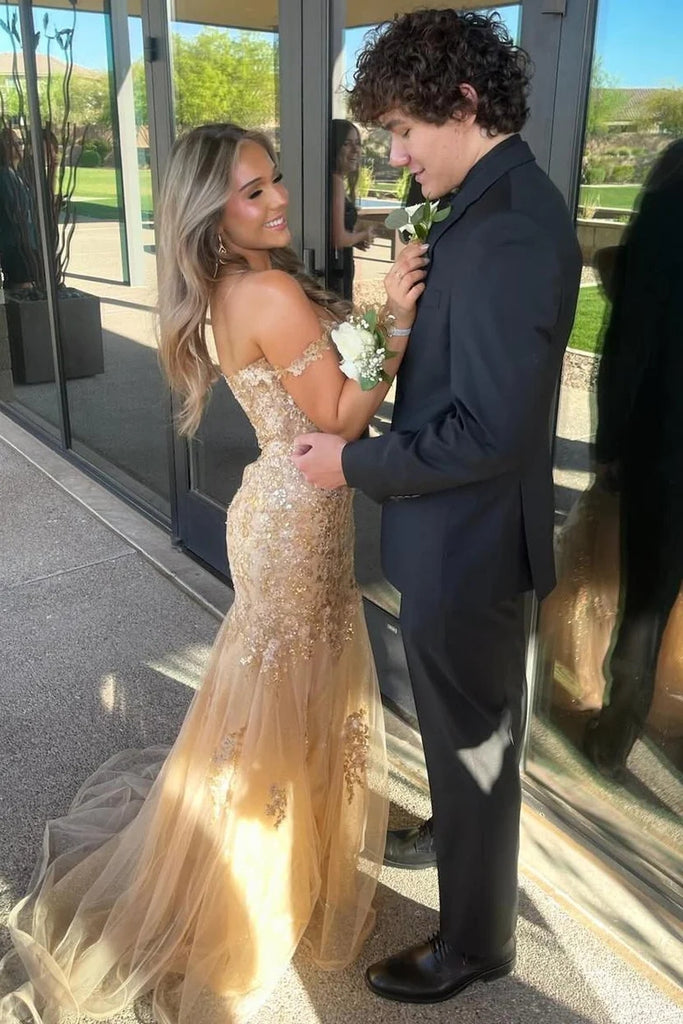 Champagne Gold Sequin Off Shoulder Mermaid Prom Dress with Tulle Train, PD4128