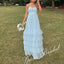 Elegant Chiffon Spaghetti Straps Ruffled Criss Cross A-Line Floor Length Prom Dress, PD4089