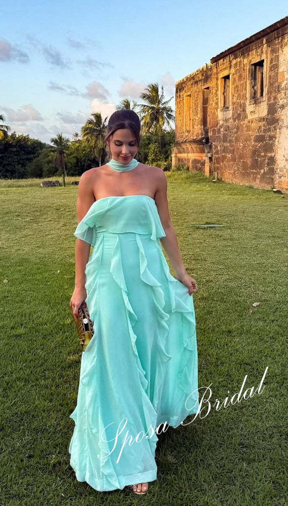 Sexy Chiffon Sweetheart Sleeveless Ruffled A-Line Floor Length Wedding Guest Dress, PD4096
