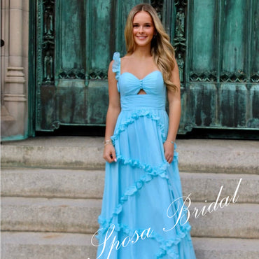 Sexy Chiffon Spaghetti Straps Sleeveless Lace Up Back Ruffled A-Line Floor Length Prom Dress, PD4103