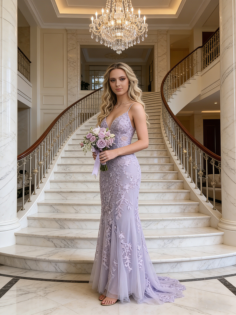 Sexy Tulle Lace Spaghetti Straps Sleeveless Mermaid Floor Length Prom Dress, PD4105