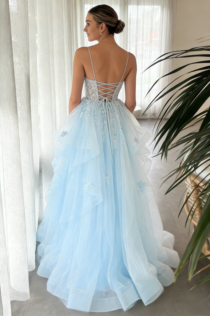 Sexy Tulle Spaghetti Straps V-Neck Sleeveless A-Line Floor Length Prom Dress With Appliques, PD4106