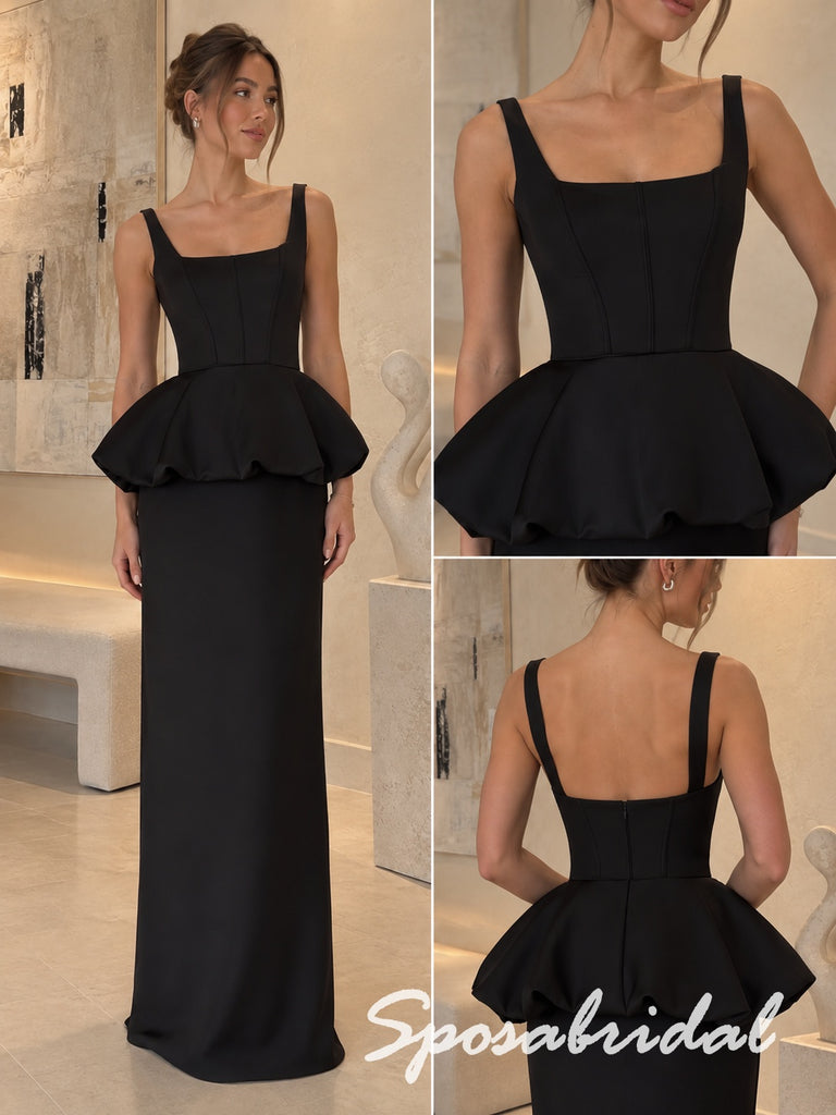 Black Satin Thick Strap Square Neck Structured Corset Bubble Peplum Floor Length Column Formal Gown, PD4303