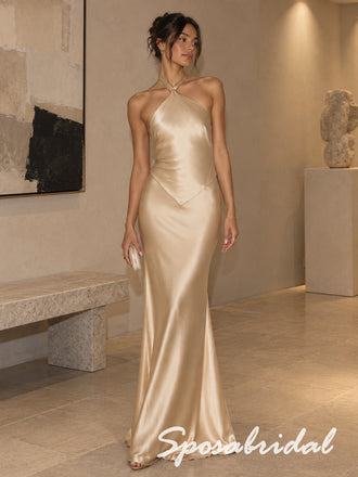 Champagne Satin Knotted Halter Open Back Floor Length Mermaid Evening Gown, PD4298