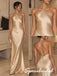Champagne Satin Knotted Halter Open Back Floor Length Mermaid Evening Gown, PD4298