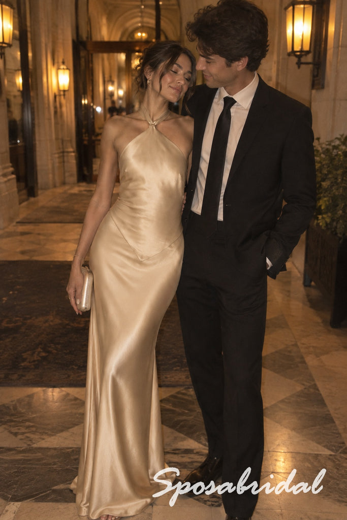 Champagne Satin Knotted Halter Open Back Floor Length Mermaid Evening Gown, PD4298