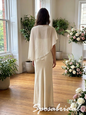 Ivory Satin Chiffon Cape Cowl High Neck Floor Length Sheath Prom Dress, PD4291