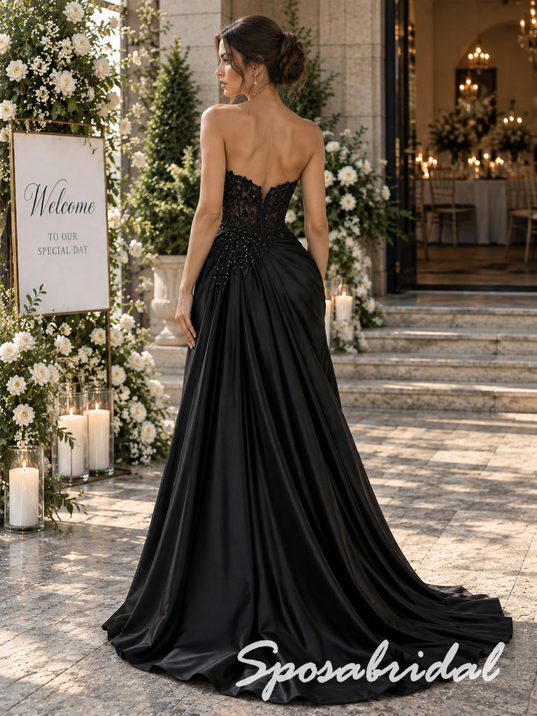 Black Satin Lace Sweetheart High Slit Floor Length Mermaid Evening Gown, PD4299