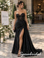 Black Satin Lace Sweetheart High Slit Floor Length Mermaid Evening Gown, PD4299