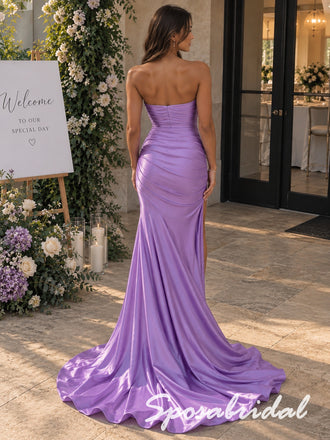 Lavender Satin Draped Strapless High Slit Floor Length Mermaid Evening Gown, PD4301