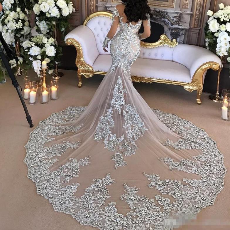 Long Sleeves High Neck Lace Popular Free Custom Wedding Dresses, Bridals Gowns With Train, WD0265