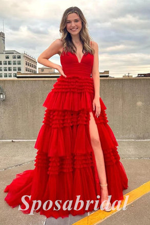 Sexy Red Tulle Spaghetti Straps V-Neck Side Slit A-Line Long Prom Dresses,PD3664