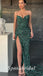 Sexy Drak Green Sequin Spaghetti Straps V-Neck Sleeveless Side Slit Mermaid Long Prom Dresses,PD3643