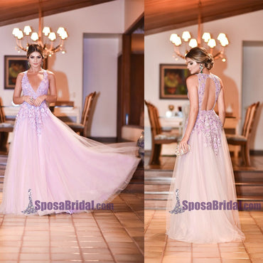 A-Line Open Back Lace V-Neck Tulle Formal Elegant Floor-Length Prom Dresses, Fashion Prom dress, PD0690 - SposaBridal