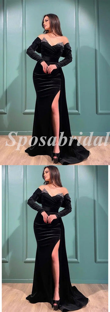 Sexy Velvet And Sequin Off Shoulder V-Neck Long Sleeve Side Slit Mermaid Long Prom Dresses, PD3586