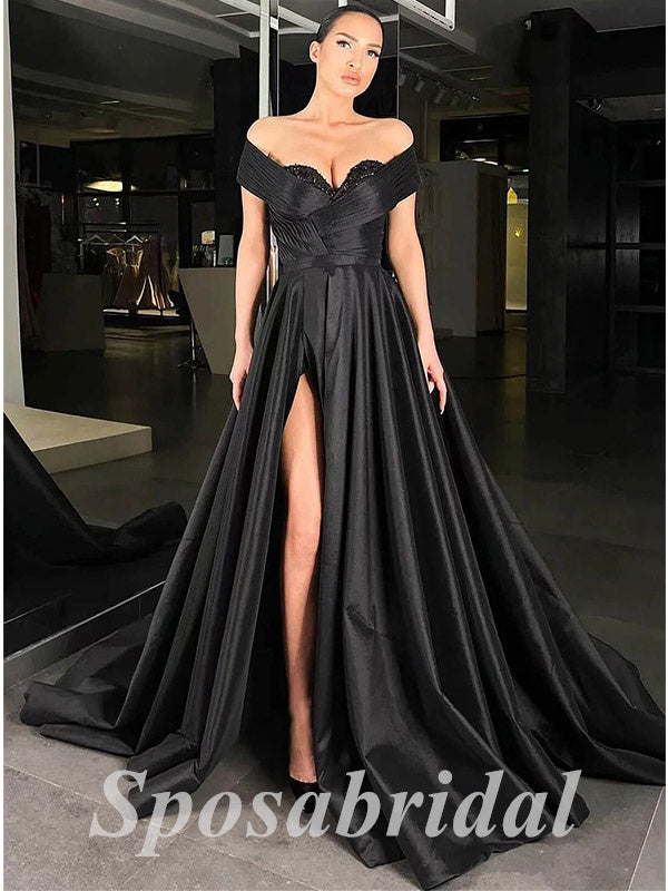 Sexy Satin And Sequin Off Shoulder V-Neck Side Slit A-Line Long Prom Dresses, PD3615