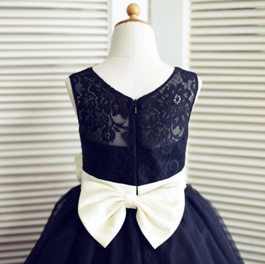 Navy Blue Tulle Lace Bowknot Sash Flower Girl Dresses, Lovely Tutu Dresses, FGS011