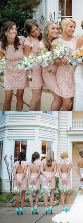 Blush Pink Cap Sleeve Round Neck Midi Lace Bridesmaid Dresses, WG116