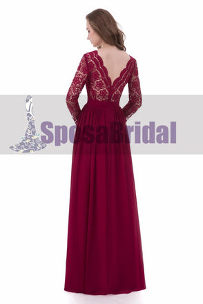 Red Long Sleeve V-Neck Full Lace Prom Dresses, Popular Custom Bridesmaid Dresses, PD0478