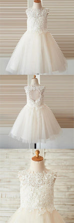 Cute Sleeveless Open Back Top Lace A-line Tulle Flower Girl Dresses, FG094