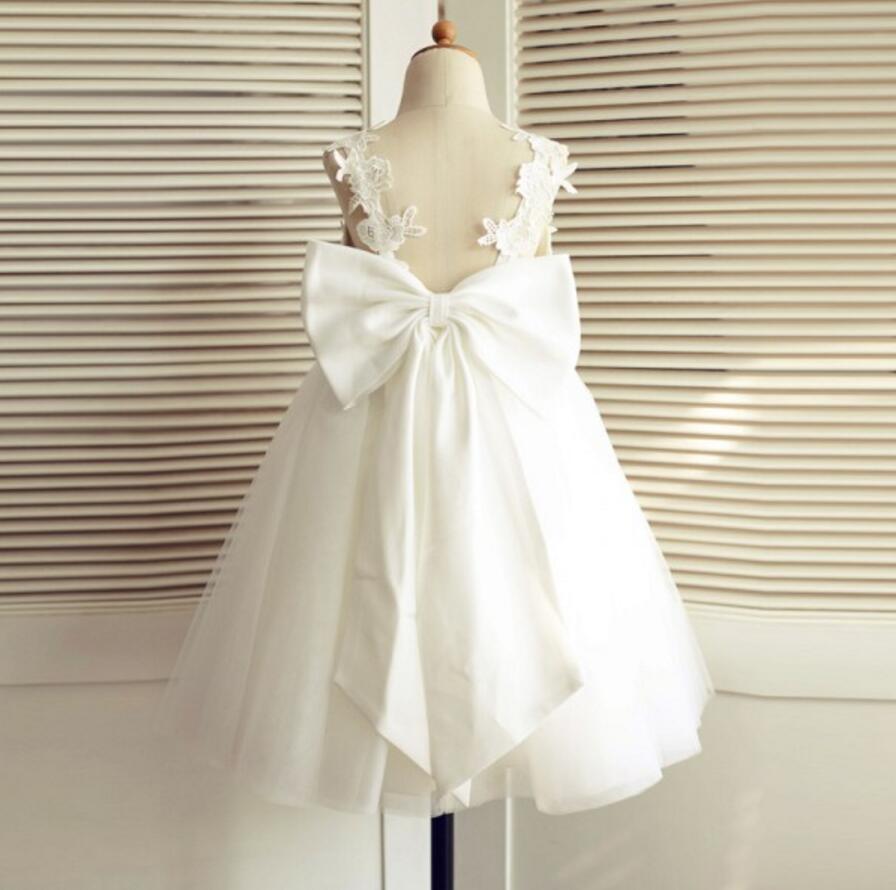 V-Neck Tulle Lace Bowknot Sash Backless Flower Girl Dresses, Lovely Tutu Dresses, FGS012