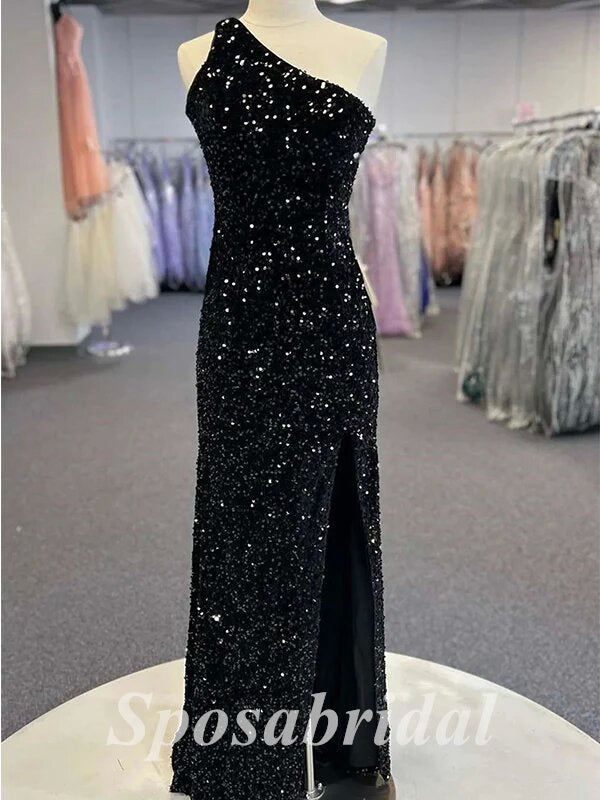 Sexy Black Sequin One Shoulder Backless Side Slit Mermaid Long Prom Dresses, PD3590