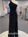 Sexy Black Sequin One Shoulder Backless Side Slit Mermaid Long Prom Dresses, PD3590