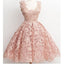 Dark Pink Lace Floral prints Vintage tea length elegant casual homecoming prom dresses,BD00128