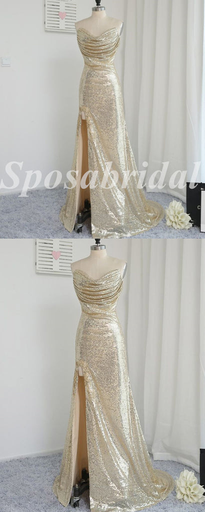 Sexy Sequin Sweetheart V-Neck Sleeveless Side Slit Mermaid Long Prom Dresses,PD3654