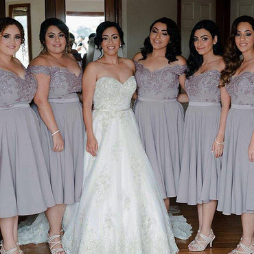 Cap Sleeve Off Shoulder Tea Length Chiffon Lace Grey On Sale Short Young Bridesmaid Dresses, WG134 - SposaBridal