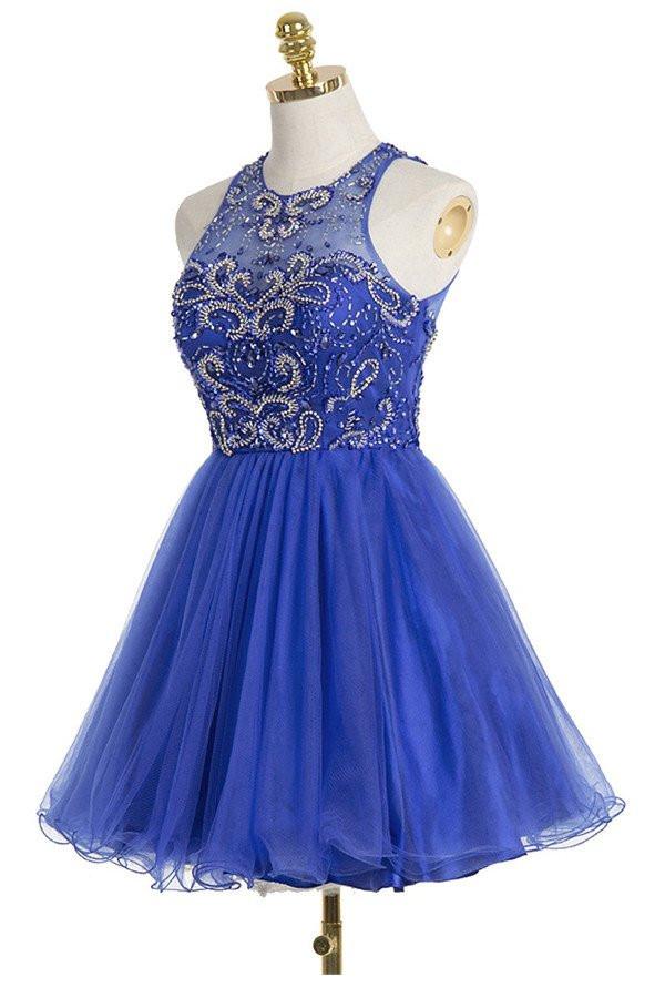 Royal Blue Sexy Open back Halter Beaded homecoming prom dresses, CM0021