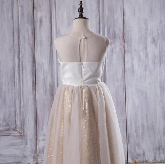 Illusion Ivory Lace Tulle Flower Girl Dresses With Gold Sequin Skirt, Cheap Junior Bridesmaid Dresses, FG060