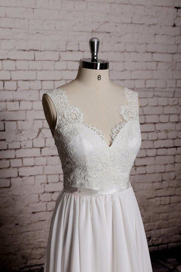 Charming Most Popular Backless A-line Lace Top V-Neck Long Wedding Party Dresses, WD0108 - SposaBridal