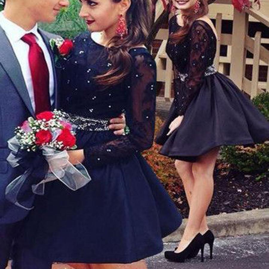 Long sleeve black beaded open back simple sexy charming homecoming prom gown dresses, BD00157