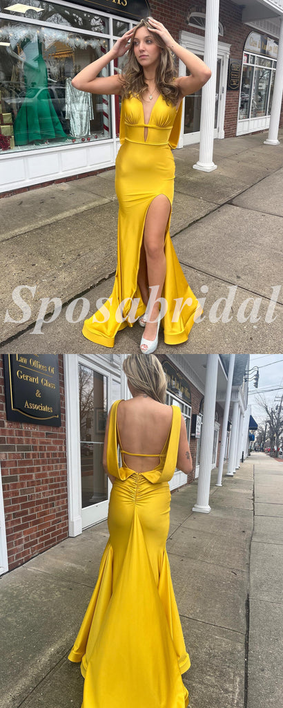 Sexy Soft Satin Spaghetti V-Neck Sleeveless Open Back Side Slit Mermaid Long Prom Dresses, PD3592