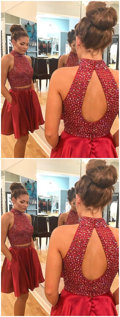 Sexy Two Piece Short Rhinestone Cute Red Homecoming Dresses, CM484