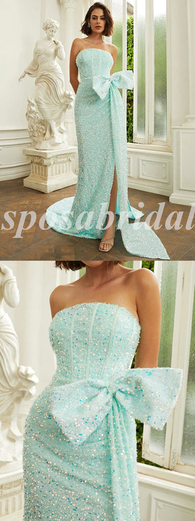 Sexy Sequin Sweetheart Sleeveless Side Slit Mermaid Long Prom Dresses With Dow Tie, PD3628