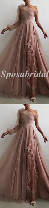 Elegant Tulle And Chiffon One Shoulder Long Sleeves Side Slit A-Line Long Prom Dresses,PD3641