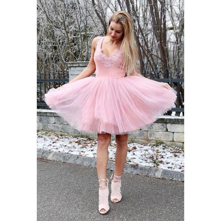 Cheap V Neck Tulle Cute Pink Homecoming Dresses 2018, CM439