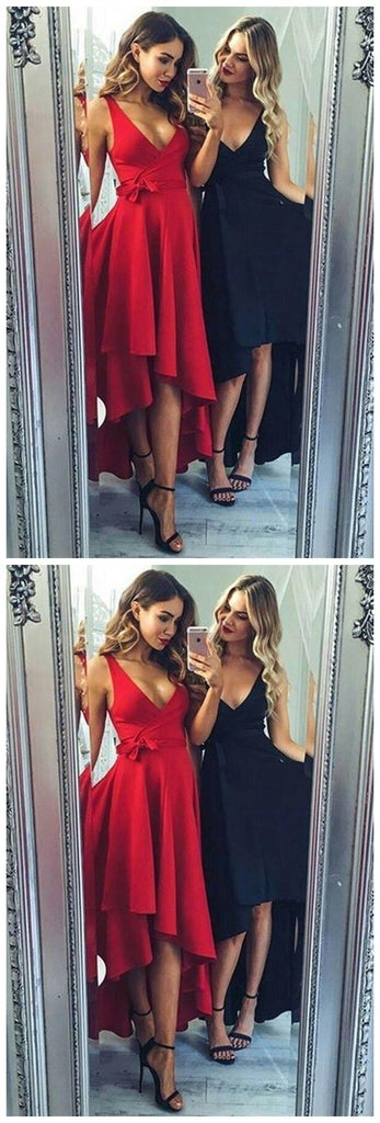 High Low V Neck Simple Cute Red Homecoming Dresses 2018, CM560