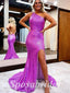 Sexy Sequin One Shoulder Sleeveless Side Slit Mermaid Long Prom Dresses, PD3618