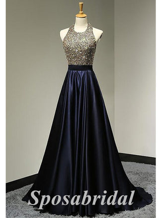 Sexy Sequin And Satin Halter Sleeveless Backless A-Line Long Prom Dresses,PD3676