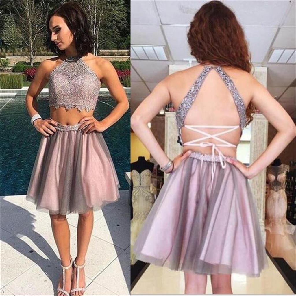 Short Two Pieces Open Back High Neck Graduation Homecoming Dress, Prom Dress for Teens, PD0352