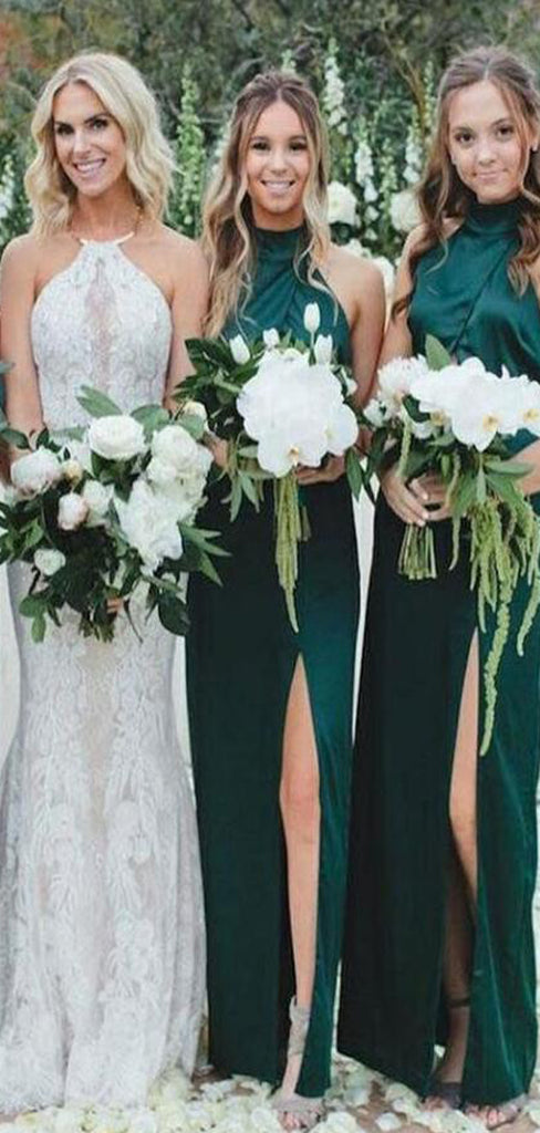 Long High Neck Dark Green Cheap Bridesmaid Dresses, WG394