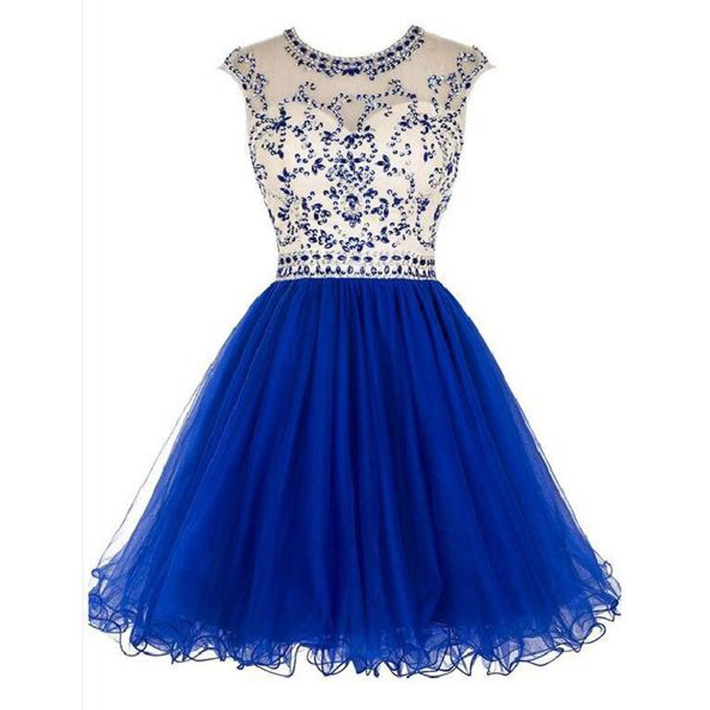Sexy Open back Royal Blue Short Tulle homecoming prom dresses, CM0008