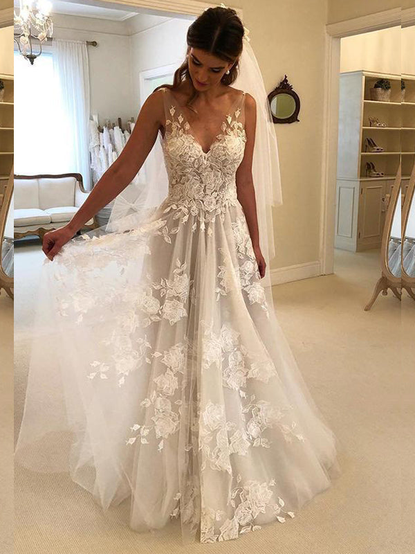 Long Lace Deep V-back A-line Summer Beach Wedding Dresses with appliques, PD0780